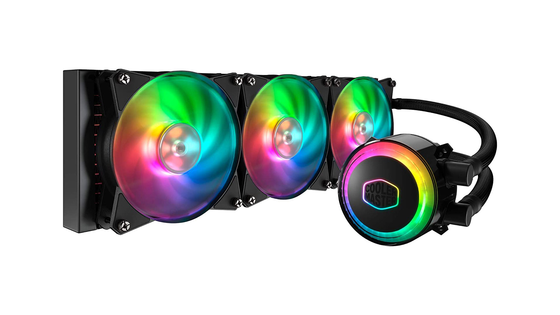 The Cooler Master MasterLiquid ML360R illuminates the fans and pump with colorful RGB lights against a white background.
