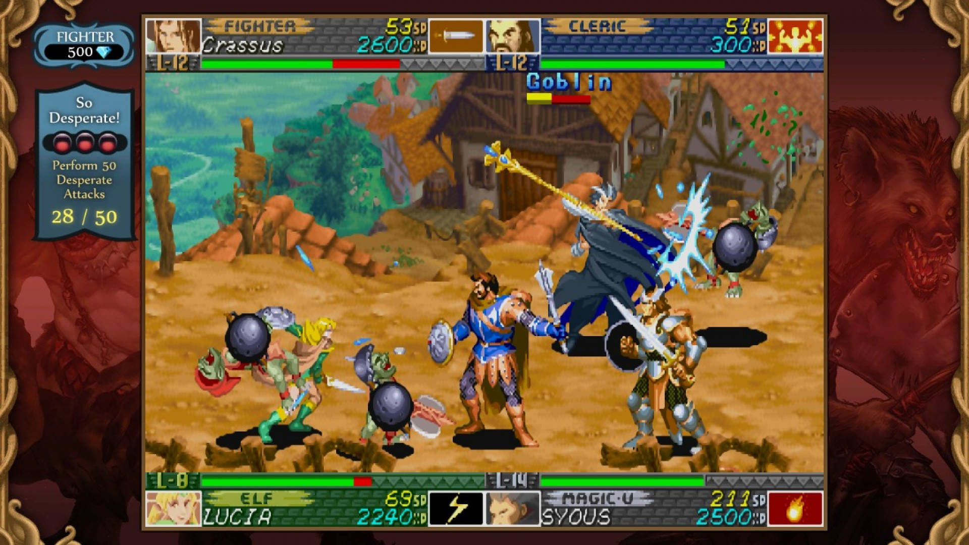 Una festa sta combattendo contro Goblin in un piccolo villaggio in Dungeons & Dragons Chronicles of Mystara, uno dei migliori giochi DND