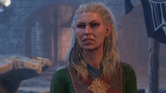 Baldur's Gate 3 companions: an elven female with long blonde hair and a green robe.