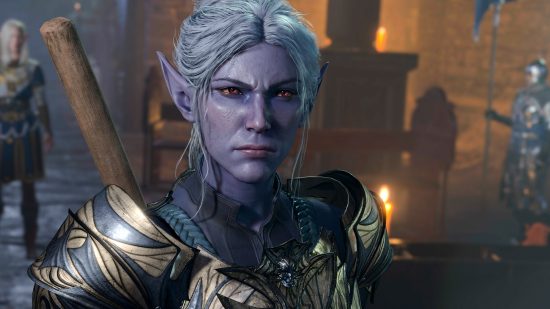 Baldur's Gate 3 companions: a purple-skined female wearing heavy ornate armor.