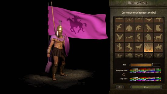 Лучшие моды Bannerlord — BannerEditor Enhancer дает вам больше возможностей для настройки вашего баннера.  Здесь мы видим копьеносца, гордо размахивающего пурпурным щитом и мантией и развевающего ярко-розовый флаг с конным лучником на нем.