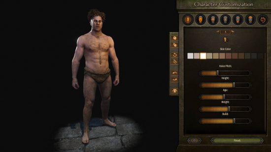 Best Bannerlord mods - the detailed character customisation menu showing a slightly overweight man with frizzy hair, wearing nothing but a brown loincloth.