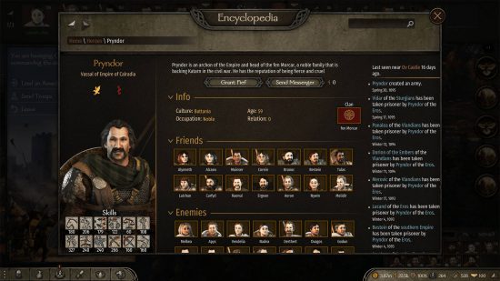 Best Bannerlord mods - the encyclopaedia screen for Pryndor has options to grant fief or send a messenger for more diplomatic relations.