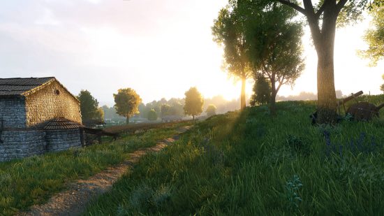 Beste Bannerlord Mods: een kleine boerderij met bomen en een weelderig veld in de ondergaande zon