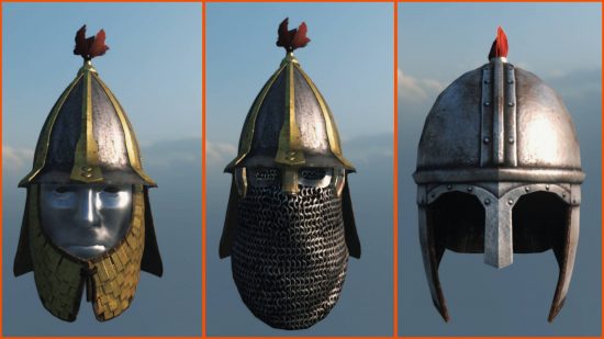 Mod Bannerlord Terbaik - Tiga helm dari gudang senjata terbuka, ditampilkan di latar belakang yang menampilkan langit dan beberapa awan