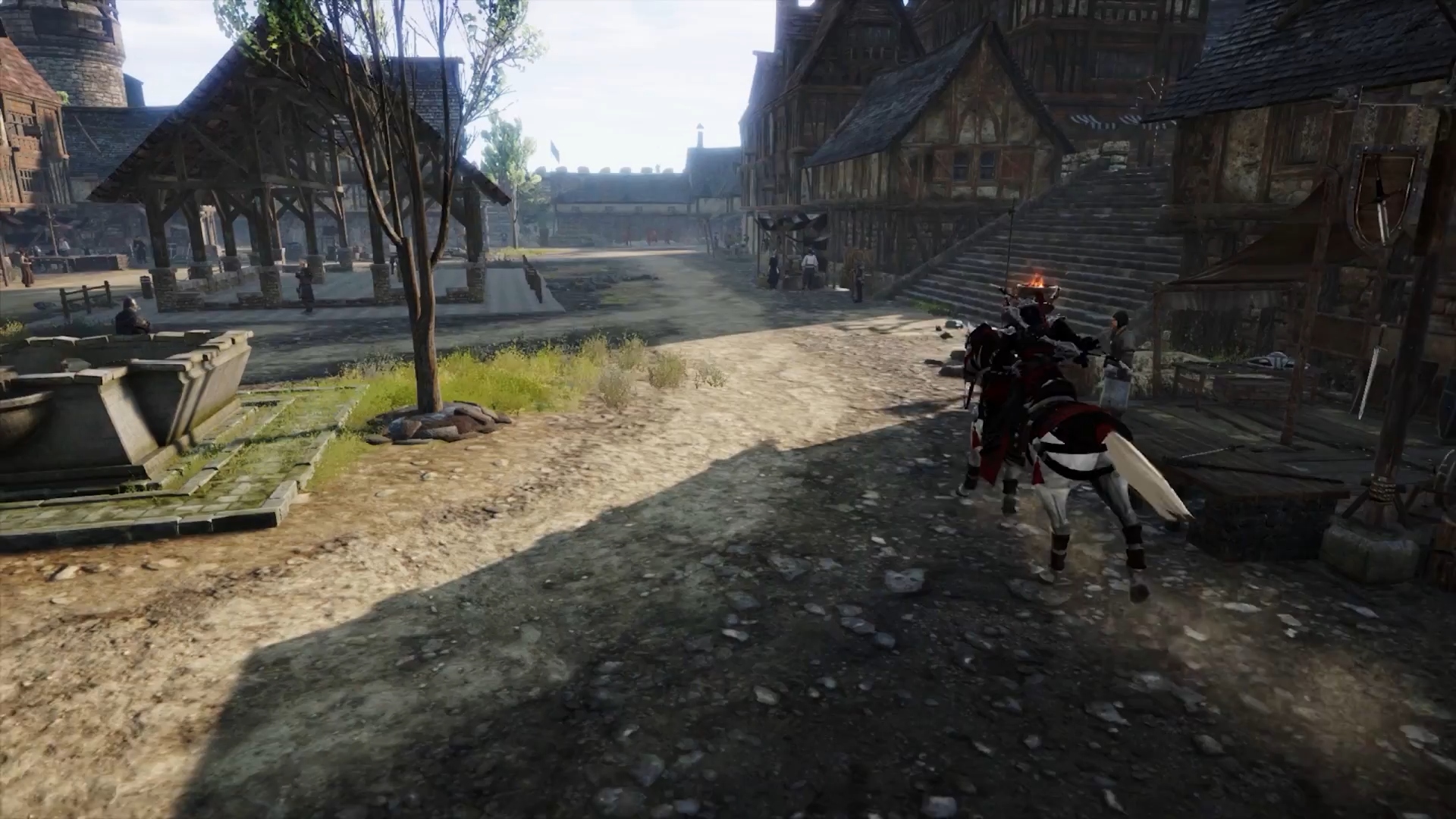 Best medieval games: Conqueror's Blade. Image shows a village with a person riding past on horseback,