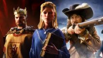 Three rulers from Crusader Kings 3 and Europa Universalis 4 appear in a composite illustration.