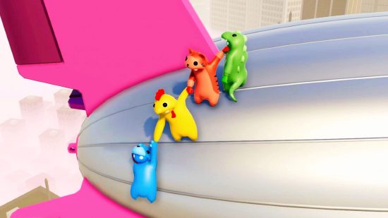 Games like Fall Guys: A cute, cartoonish dinosaur, tiger, chicken, and blue bear hang to one another off the side of a blimp in Gang Beasts.