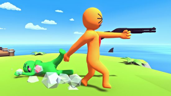 Games like Fall Guys: An orange character drags a green character along the ground while aiming a shotgun in front of him in Havocado.