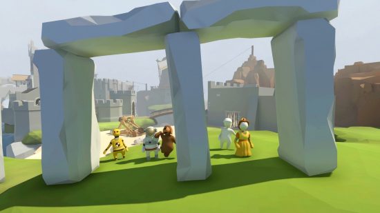 Games like Fall Guys: A princess, a dog, a crash-test dummy, and other crazy characters compete in the physics-based puzzle game Human Fall Flat.