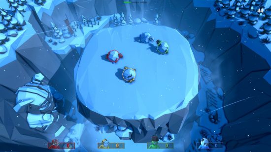 เกมอย่าง Fall Guys: ทีมผู้เล่นสี่คนต่อสู้กับมันในหิมะกลิ้งลูกบอลหิมะขนาดใหญ่เข้าหากัน