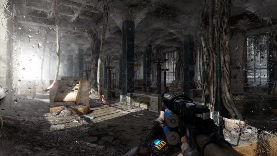 Metro 2033: a solider holding a gun walks through a dark room