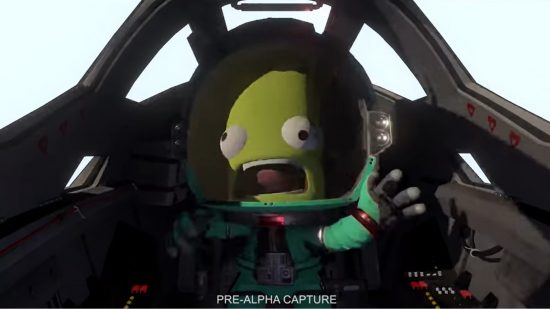 Kerbal Space Program 2 release date - a Kerbal is screaming for its life while in the cockpit of a spaceship.