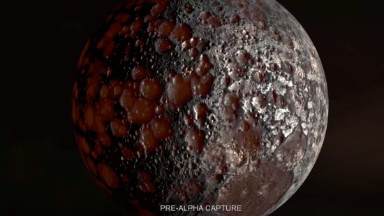 Kerbal Space Program 2 release date - one of the new planets, Charr, is a black planet covered in red craters.