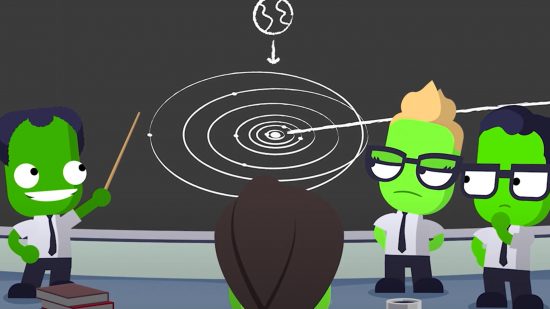 Kerbal Space Program 2 release date - one of the animated tutorials showing a Kerbal with a cane pointing at a board filled with circles. Other Kerbals with glasses look unimpressed.