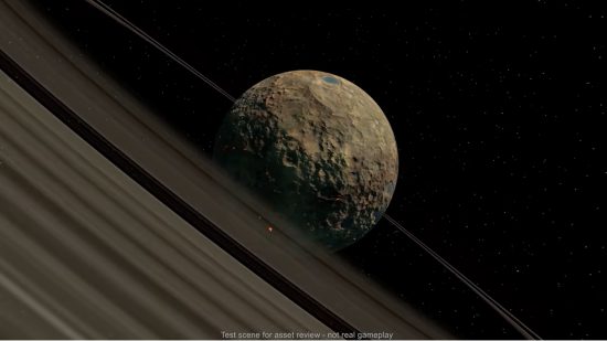 Kerbal Space Program 2 release date - one of the planets, Gurdamma, is a sand-coloured planet with gas rings around it.