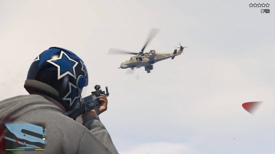 Best GTA 5 mods - the player is aiming a gun at an army helicopter.