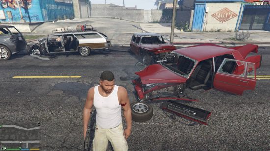 Best GTA 5 mods - Franklin is standing next to a destroyed red car.