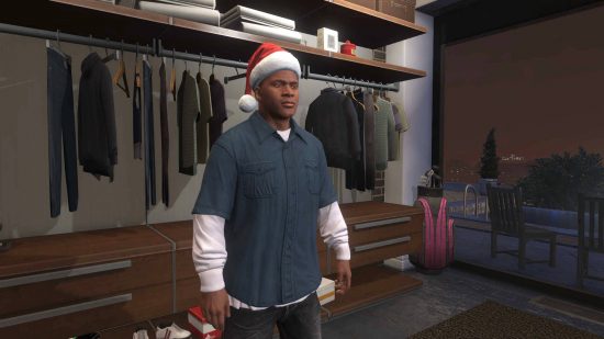 Best GTA 5 mods - Franklin in a shop with a Santa hat.