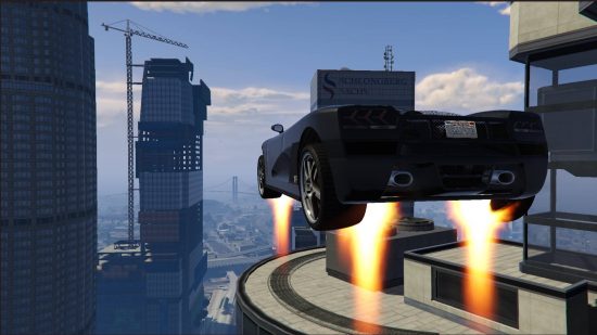 Best GTA 5 mods - a car with jetpacks under its wheels is flying through the city, close to skyscrapers.