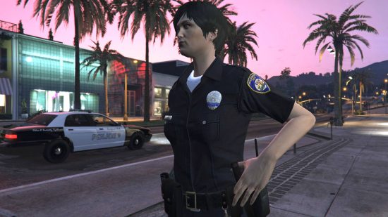 Best GTA 5 mods - a member of the Los Santos Police Department First Response team, standing on a street at dusk.