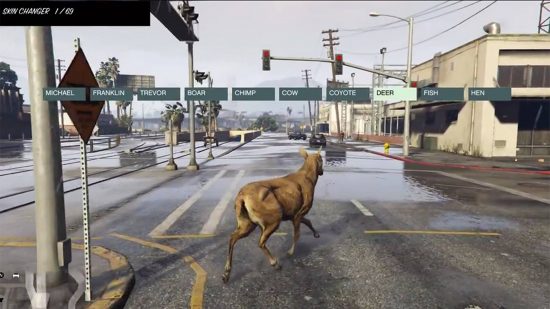 Best GTA 5 mods - a deer is walking through the streets of Los Santos in the middle of the day.