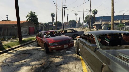 Best GTA 5 mods - two rival gangs shooting at each other from their cars in the middle of suburbia.