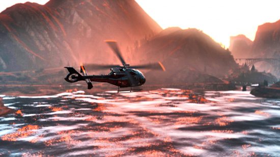 Best GTA 5 mods - a helicopter flying over a lake in the sunset.