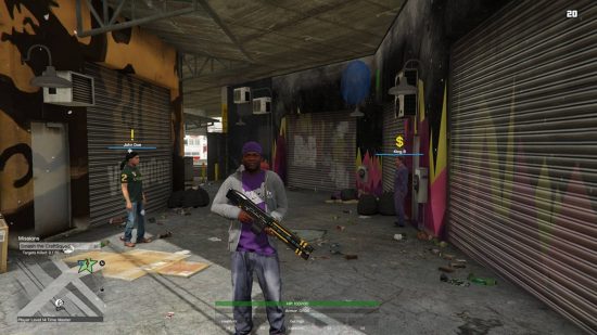 Best GTA 5 mods - a player kitted out with bright clothing in the middle of an underground market, holding a custom assault rifle.