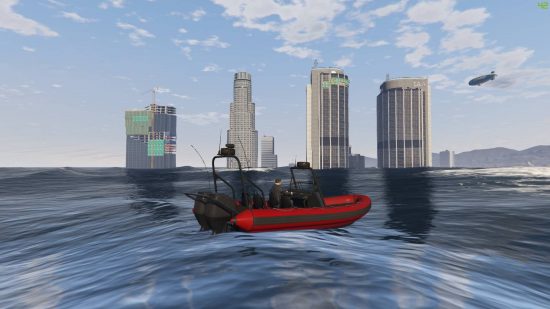 Best GTA 5 mods - a red power boat in the middle of the ocean. Skyscrapers can be seen in the background.