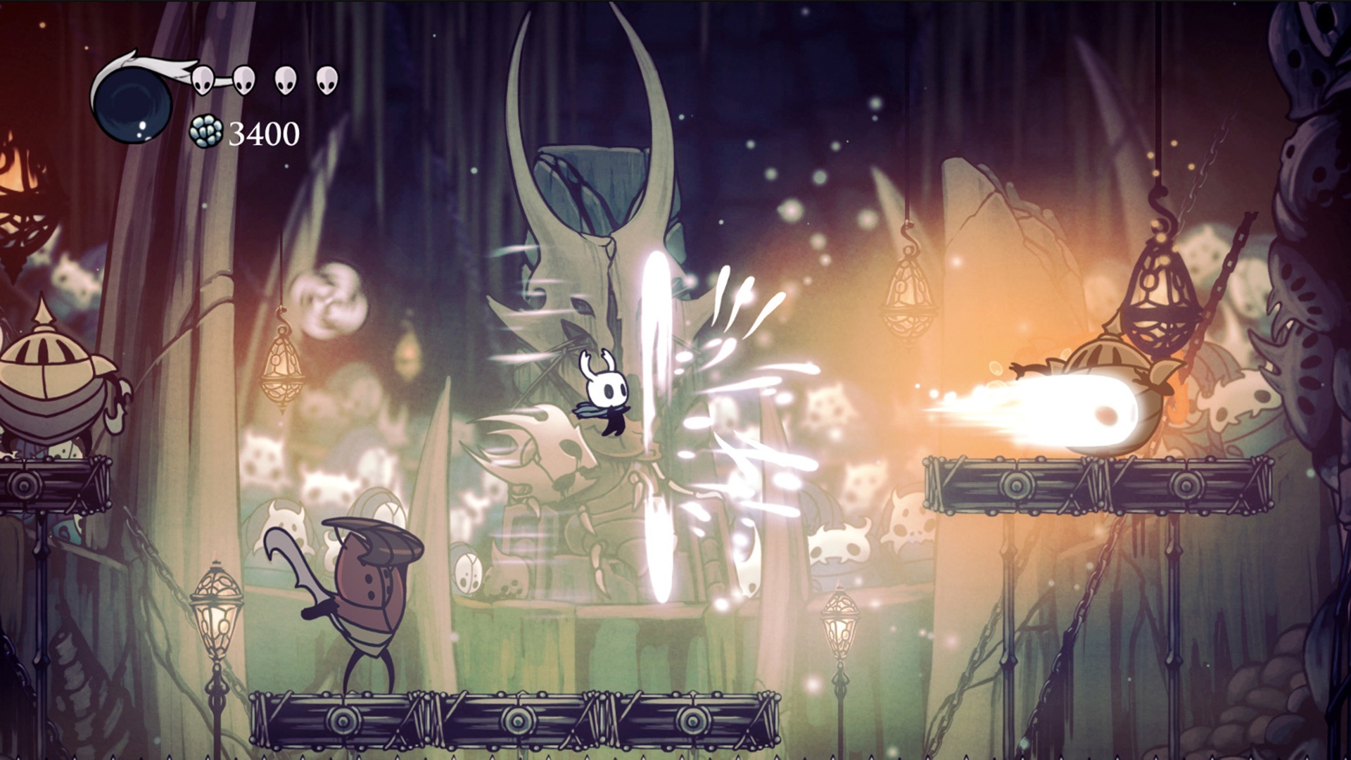 Best fantasy games: Hollow Knight. Image shows Hollow Knight jumping and firing a beam in battle with other knights.