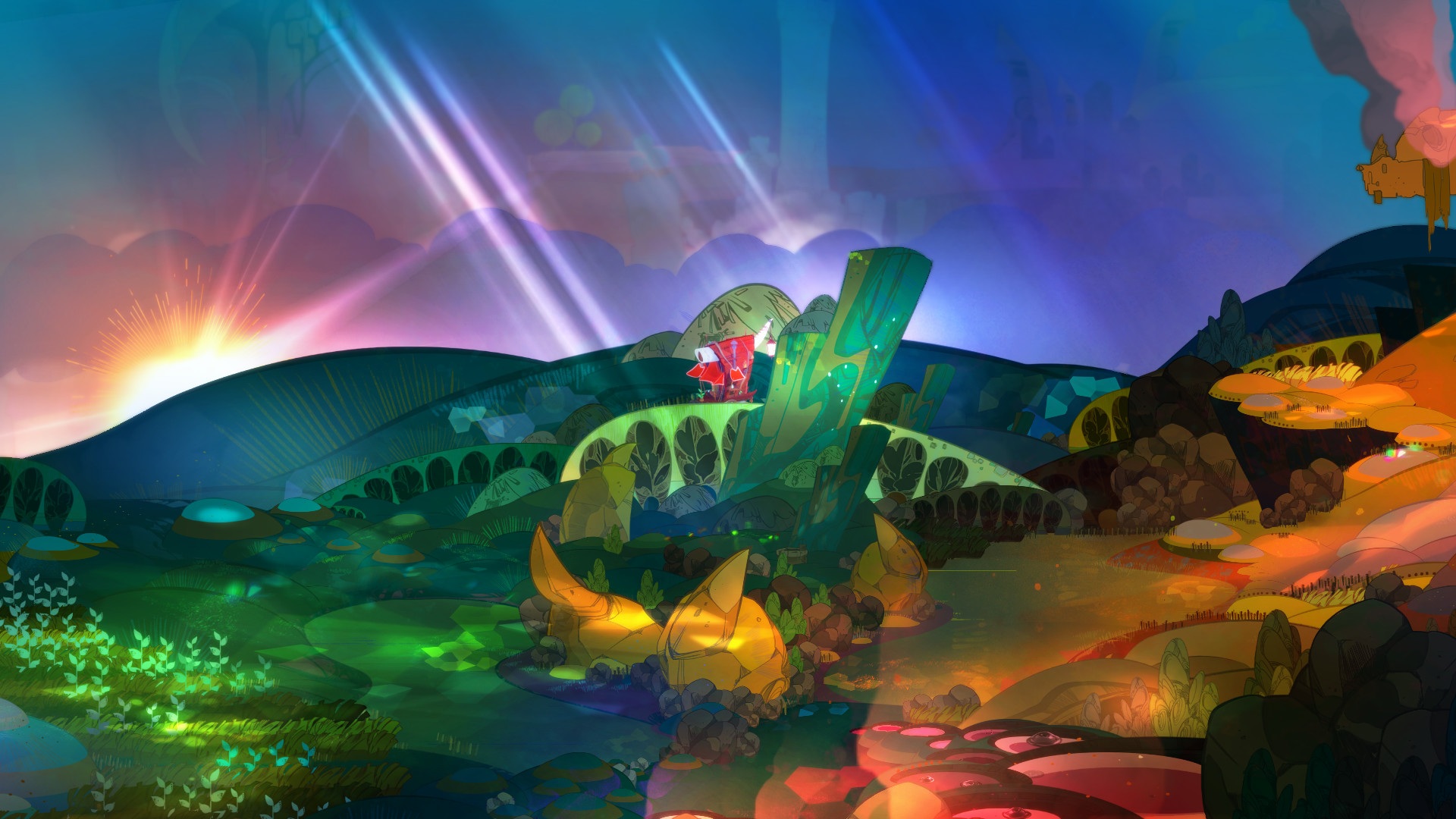Best fantasy games: Pyre. Image shows a colourful luminous landscape.