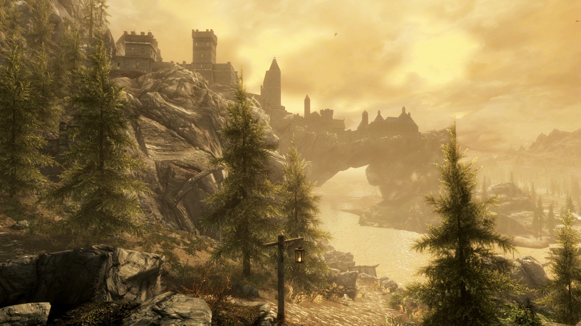 Best fantasy games: The Elder Scrolls V: Skyrim. Image shows a beautiful landscape within Skyrim.