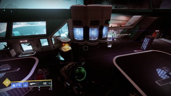 Destiny 2 Beyond Light raid: first person view of three glowing blue cylinders