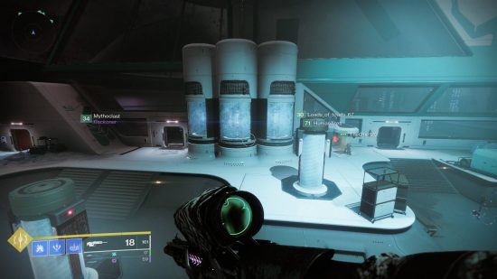 Destiny 2 Beyond Light raid: first person view of three frozen glowing blue cylinders