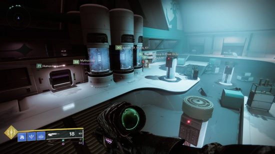 Destiny 2 Beyond Light raid: another first person view of several glowing blue cylinders.