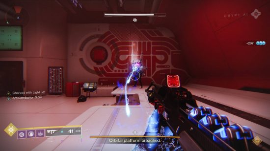 Destiny 2 Beyond Light raid: first person view of a clean white wall covered in a futuristic red pattern.