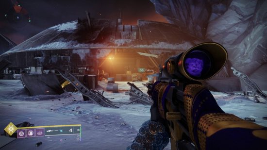 Destiny 2 Beyond Light raid: first person view of a solider holding a sniper rifle with a purple sight.