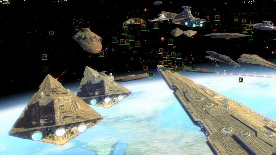 an imperial and a new republic fleet face of above a planet