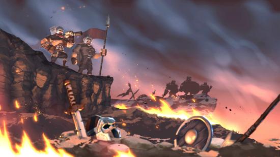 artwork from northgard. two men look over a barren, burned battlefield