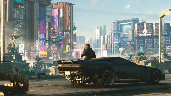 Cyberpunk 2077 endings: a Male version of V is standing by his car smoking a cigarette. The Arasaka building and other skyscrapers can be seen in the distance.
