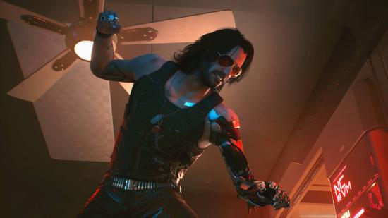 Johnny Silverhand, as depicted by Keanu Reeves, is about to punch someone. His fist is raised above his head.