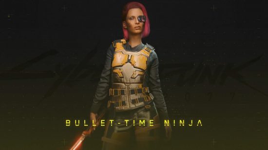 Cyberpunk best builds: a pink-haired woman with a futuristic eyepatch holding a glowing red sword.