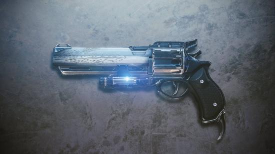 The Hawkmoon exotic weapon in Destiny 2. It's a hand cannon with some really detailed etching of wings on the barrel.