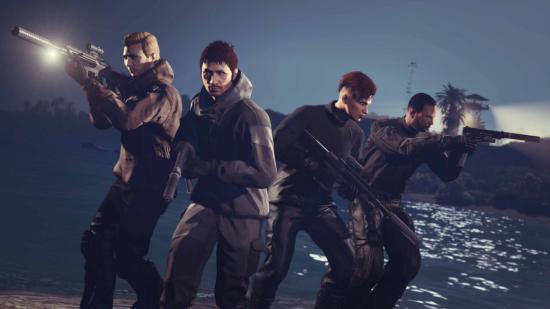A group of would-be thieves with all the new GTA Cayo Perico Heist weapons.