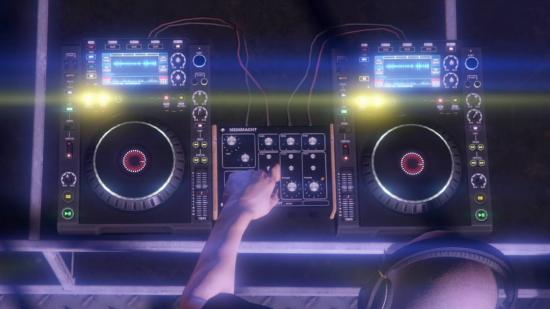 A DJ playing a brightly lit music deck in The Music Locker club in GTA