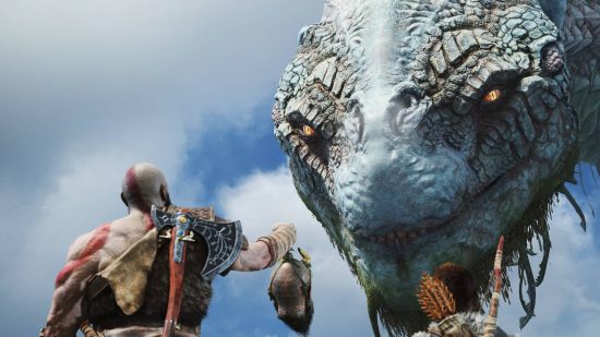 Best story games - Kratos is standing next to his son, Atreus, while holding the head of Mimir aloft towards a giant serpent in God of War.