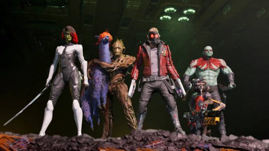 Best story games - the Guardians of the Galaxy team stood on a cliff face, with a purple llama sporting bright orange hair next to them.