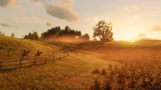 Best story games - two cowboys riding through a massive field during the sunset in Red Dead Redemption 2.