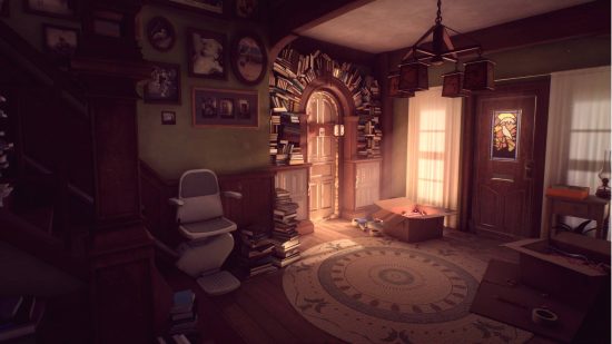 Best story games - a cluttered house full of books and photos in What Remains of Edith Finch. There is a parked stairlift at the foot of the stairs and discarded cardboard boxes near the door.